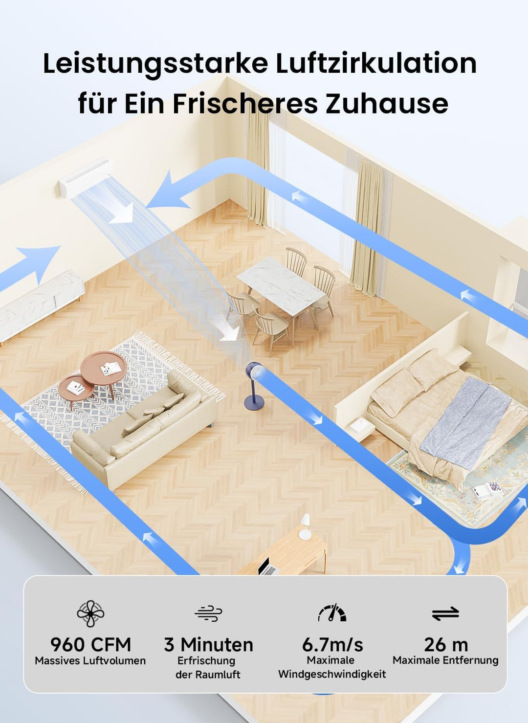 AIRMATE 25dB Standventilator, Ventilator Leise 26M Windentfernung, 1600m³/h Luftvolumen Echt Turbo-L