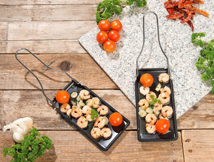 Rosenstein & Söhne Raclette Pfännchen: 6er-Set Grill-Pfännchen mit klappbarem Griff, spülmaschinenfe