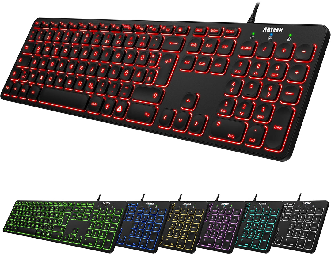 Arteck USB Kabelgebundene Tastatur Hintergrundbeleuchtung 7 Farben & Einstellbare Helligkeit Full Si