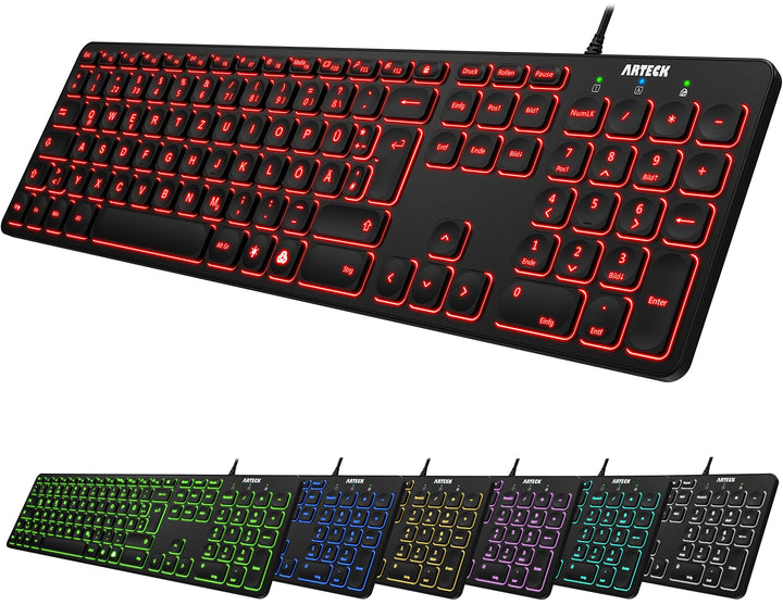 Arteck USB Kabelgebundene Tastatur Hintergrundbeleuchtung 7 Farben & Einstellbare Helligkeit Full Si