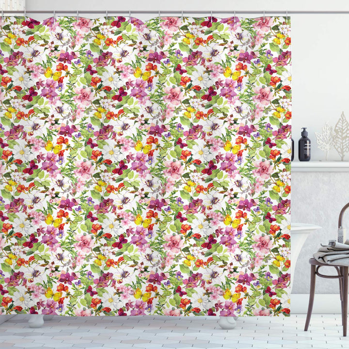 ABAKUHAUS Retro Duschvorhang, Französisch Vintage Blumen, Stoffliches Gewebe Badezimmerdekorationsse
