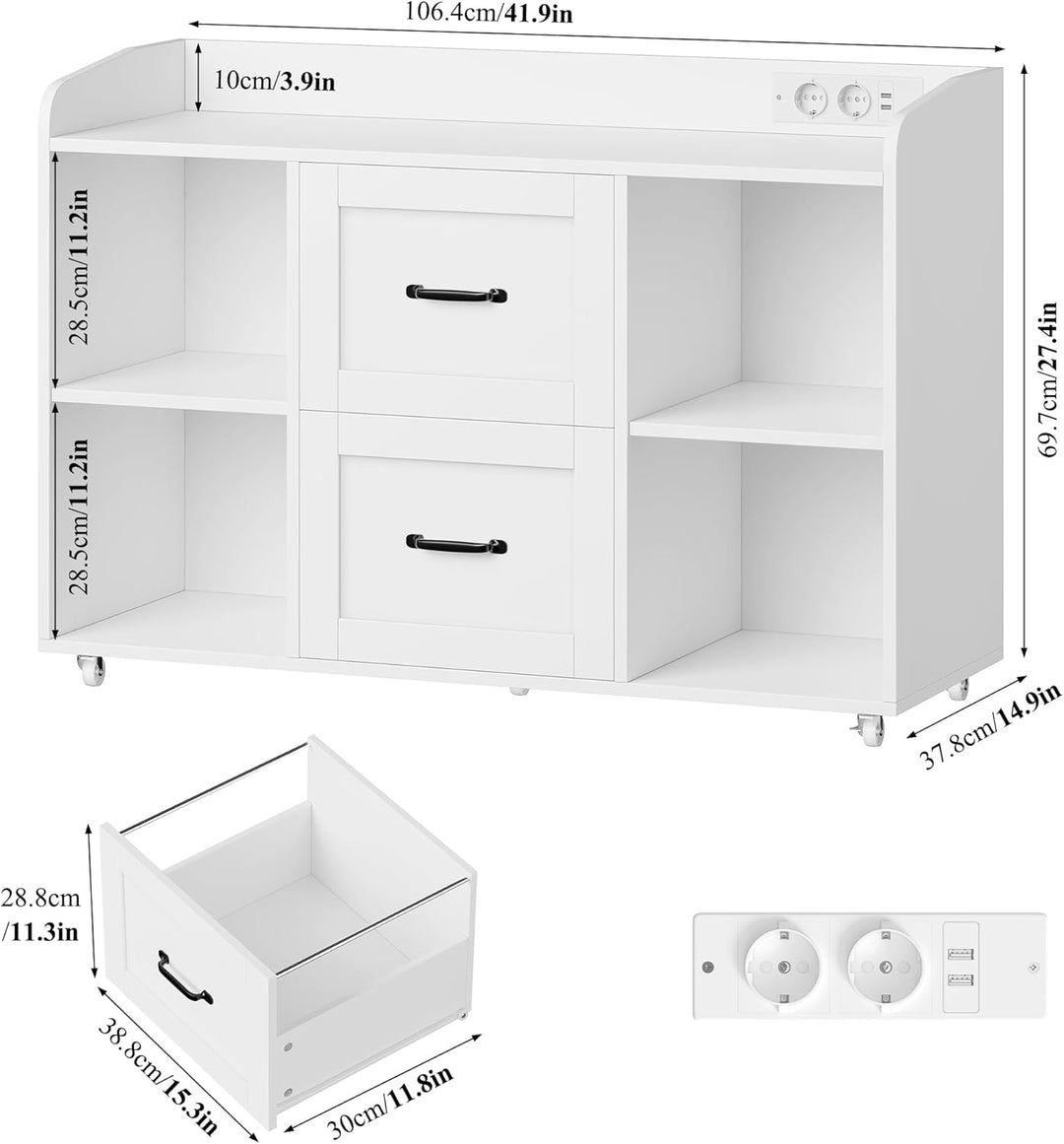 HOCSOK Aktenschrank, Rollcontainer mit Steckdosen, Schubladenschrank mit Rollen, 108*37.8*76, 5 Roll