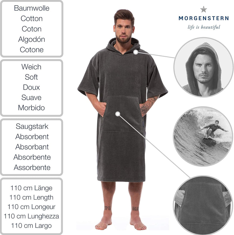 Morgenstern Surf Poncho Damen Herren 100% Baumwolle Velours Einheitsgrösse XS-L Grau, XS-L Grau