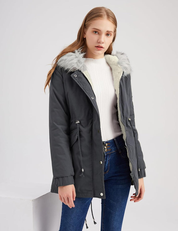 Tuopuda Winterjacke Damen Lang Wintermantel Warm Winter Jacke mit Kapuze Reissverschluss Parka Fleec