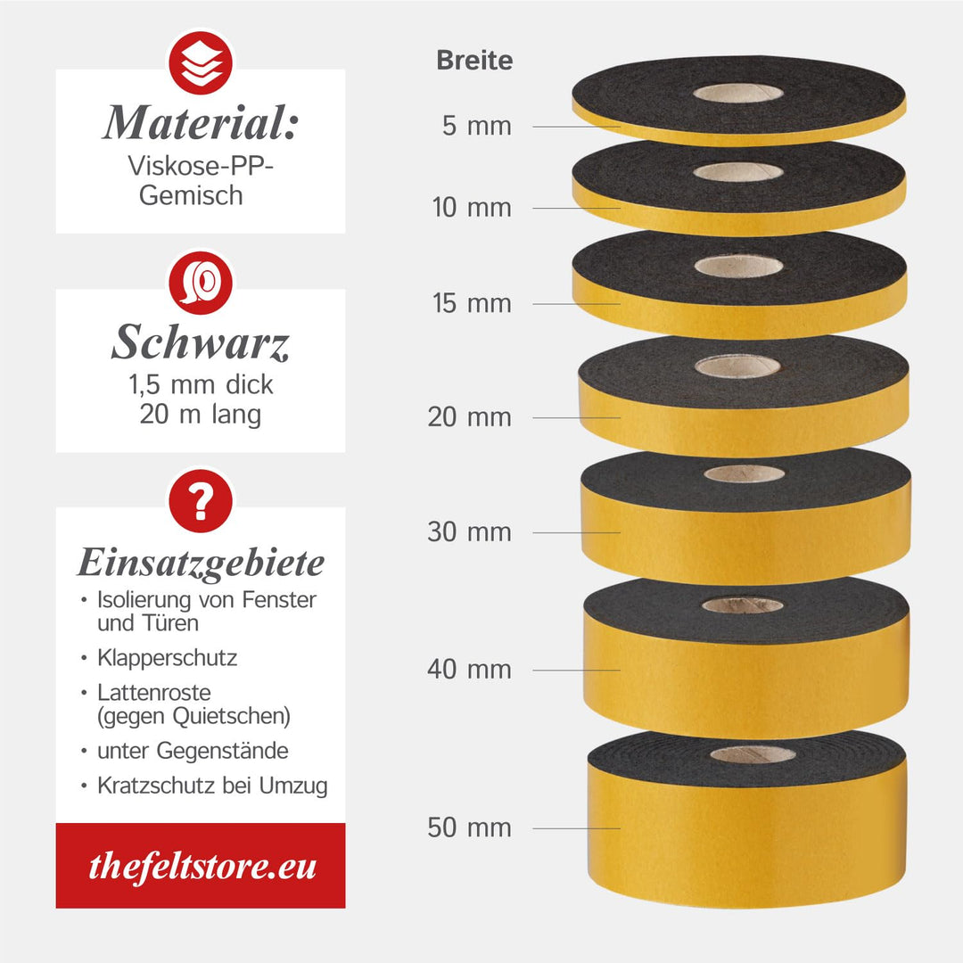 The Felt Store Filzband selbstklebend 40 mm breit, 1,5 mm dick, 20m lang, schwarz - vielseitiger Fil