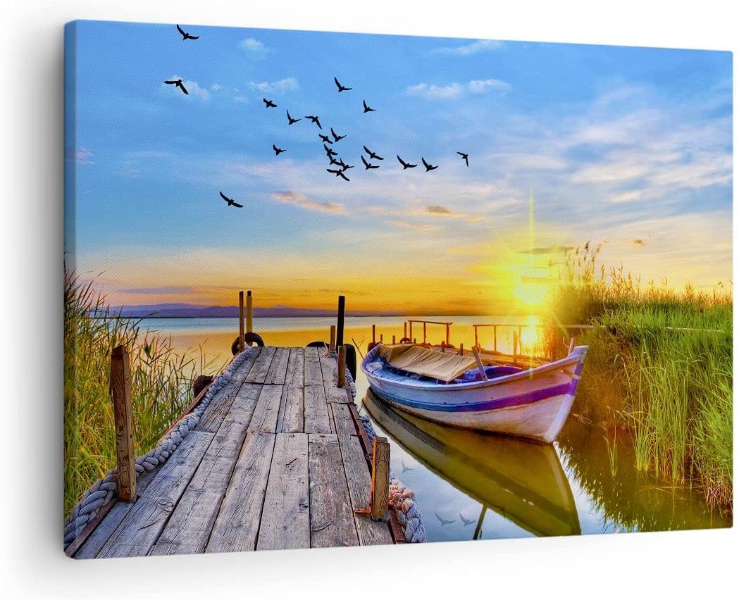 Bilder auf Leinwand See Boot Wasser Leinwandbild mit Rahmen 70x50cm Wandbilder Dekoration Wohnzimmer