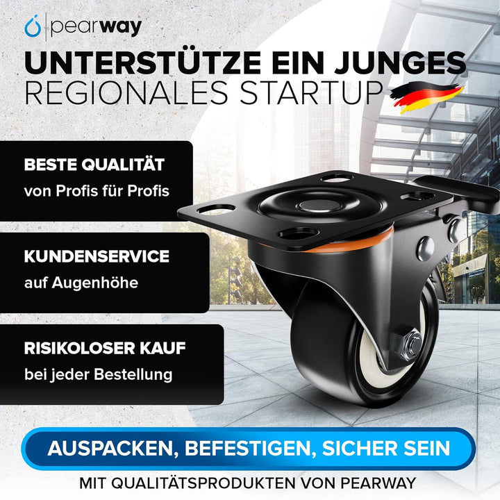 PEARWAY™ Premium Lenkrollen 50mm mit Bremse [4x gesamt 320kg] inkl. Montagezubehör I Robuste Transpo