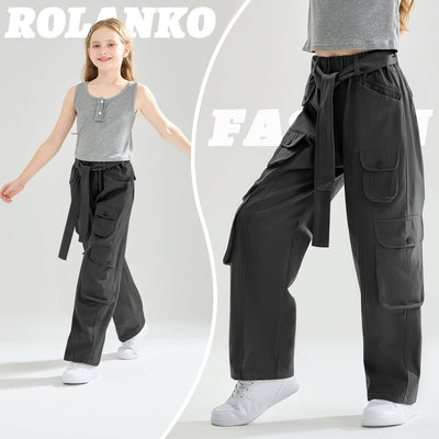 Rolanko Mädchen Baggy Cargo Hose, Elastisch Hohe Taille Gerade Weites Bein Streetwear Jeans mit Mehr