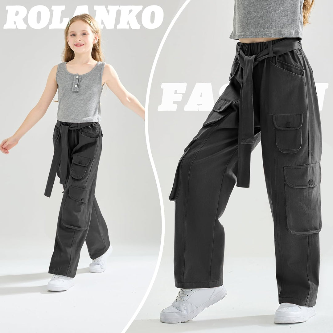Rolanko Mädchen Baggy Cargo Hose, Elastisch Hohe Taille Gerade Weites Bein Streetwear Jeans mit Mehr
