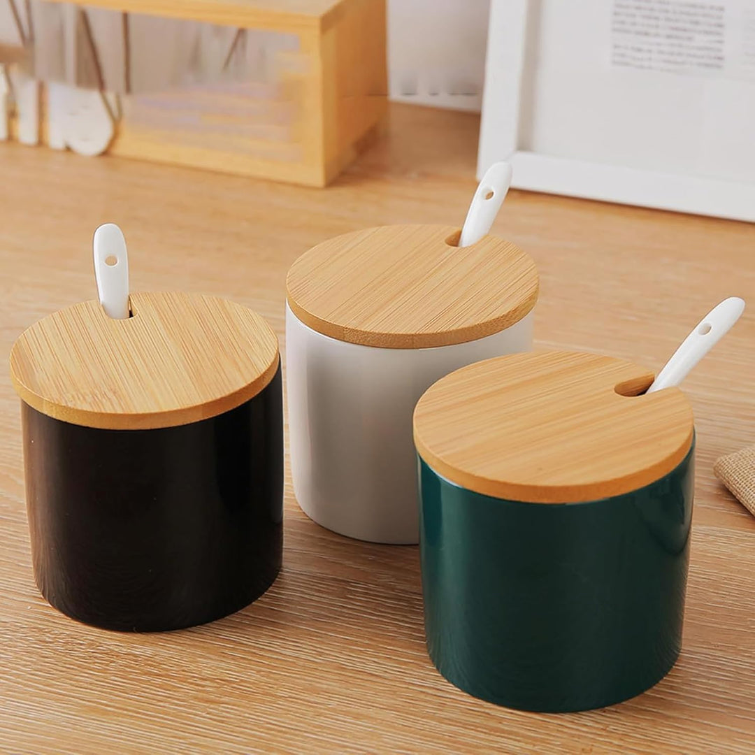 3 Stück Keramik Zuckerdose, Topf mit Salz, Gewürzglas, Box mit Löffel und Bambusdeckel (schwarz) Noi