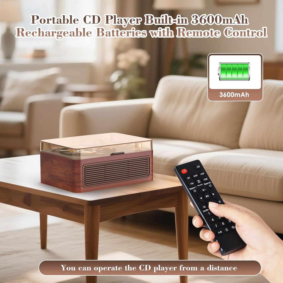 Gueray Tragbarer Bluetooth CD-Player mit Lautsprechern 3600mAh Wiederaufladbarer Vintage CD Spieler