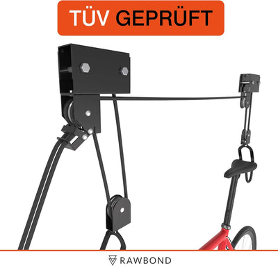 RAWBOND® Universal Deckenlift für bis zu 57 kg - Praktischer Fahrradlift mit Seilzug für deine Garag