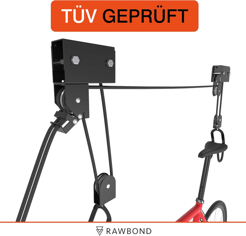 RAWBOND® Universal Deckenlift für bis zu 57 kg - Praktischer Fahrradlift mit Seilzug für deine Garag