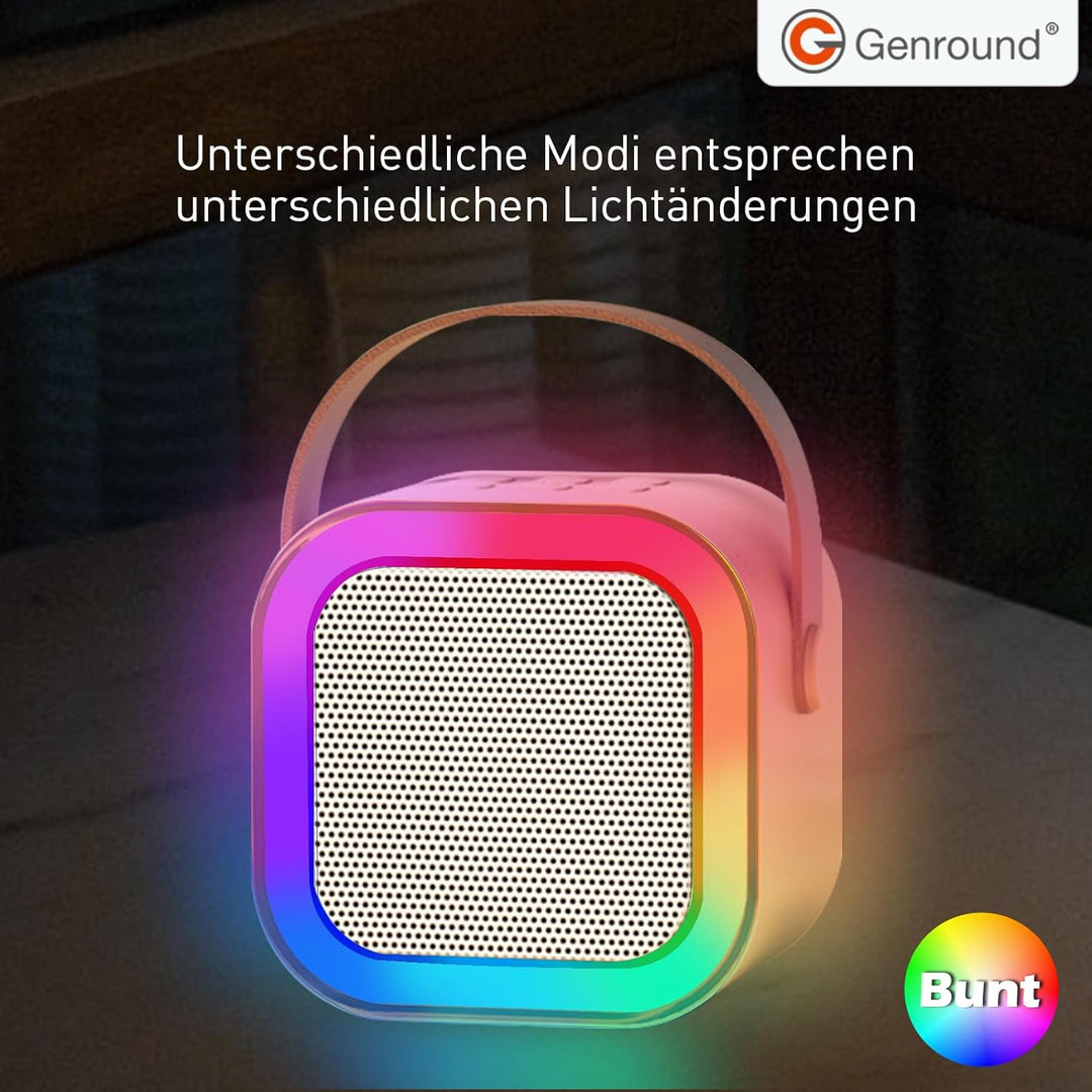 Genround Tragbare Karaoke-Maschine, 2 Mikrofone, Bluetooth-Lautsprecher mit Gesangsentferner, 3 LED-