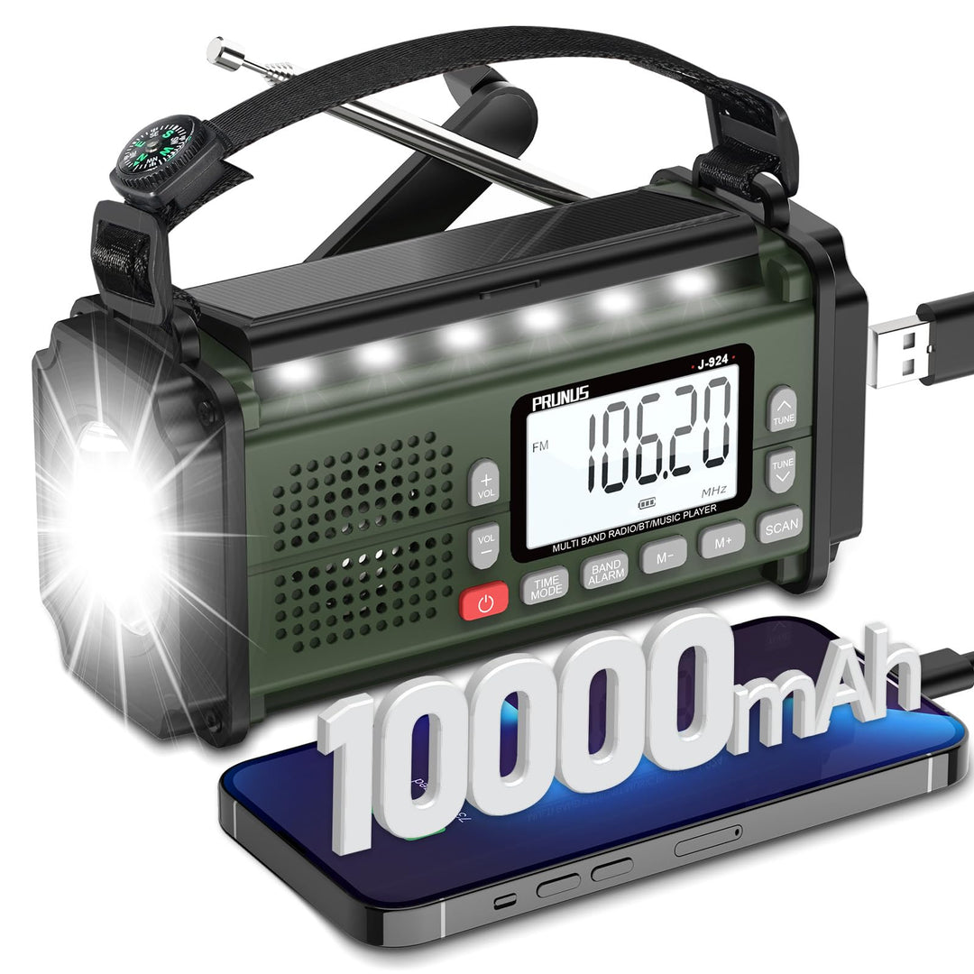 PRUNUS J-924S AM/FM/SW Kurbelradio Notfall Weltempfänger, Notfallradio mit 10000mAh Akku, Solar Radi