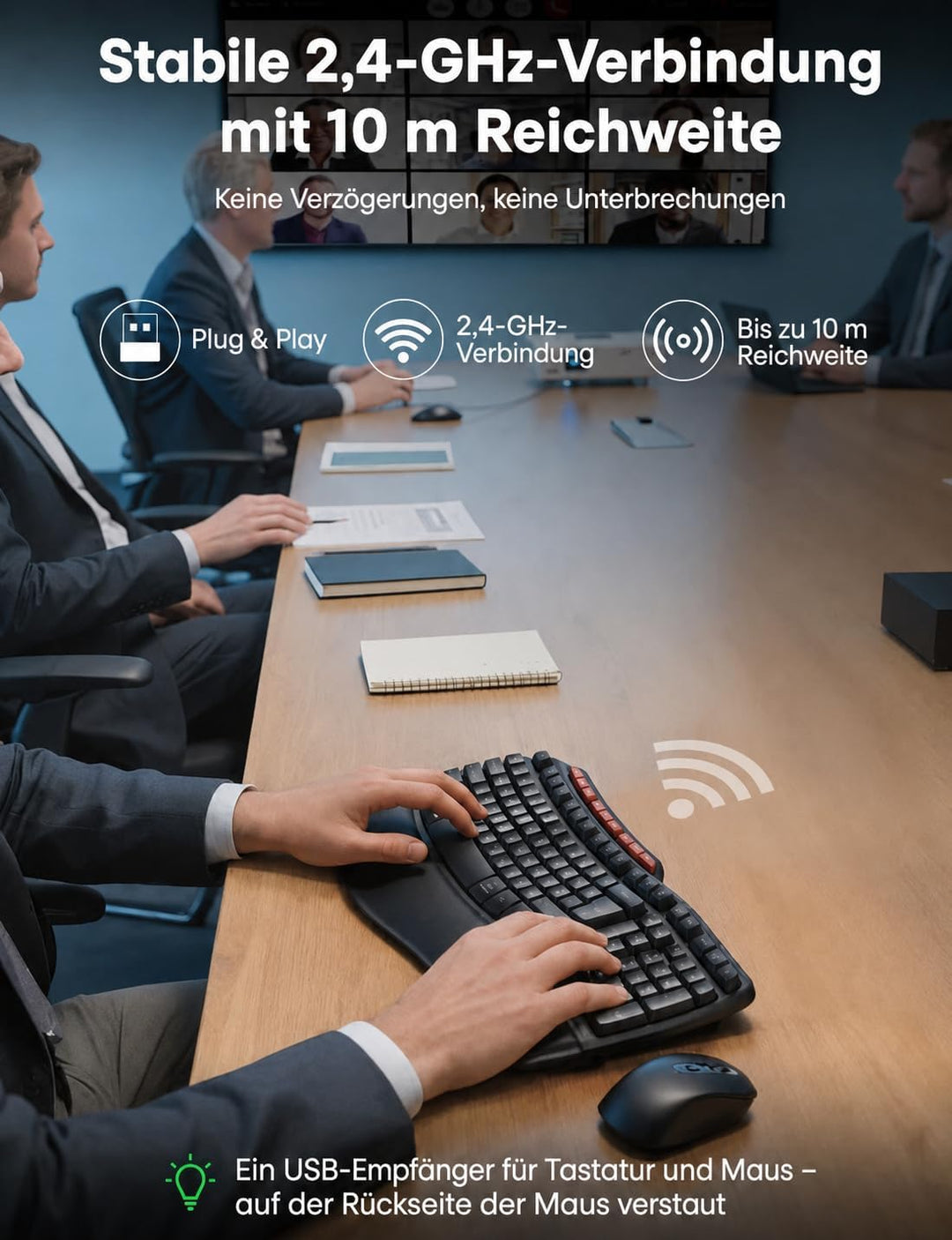 Tastatur Maus Set Kabellos, 2,4GHz Wave Tasten in Voller Grösse, Ergonomische Tastatur mit Gepolster