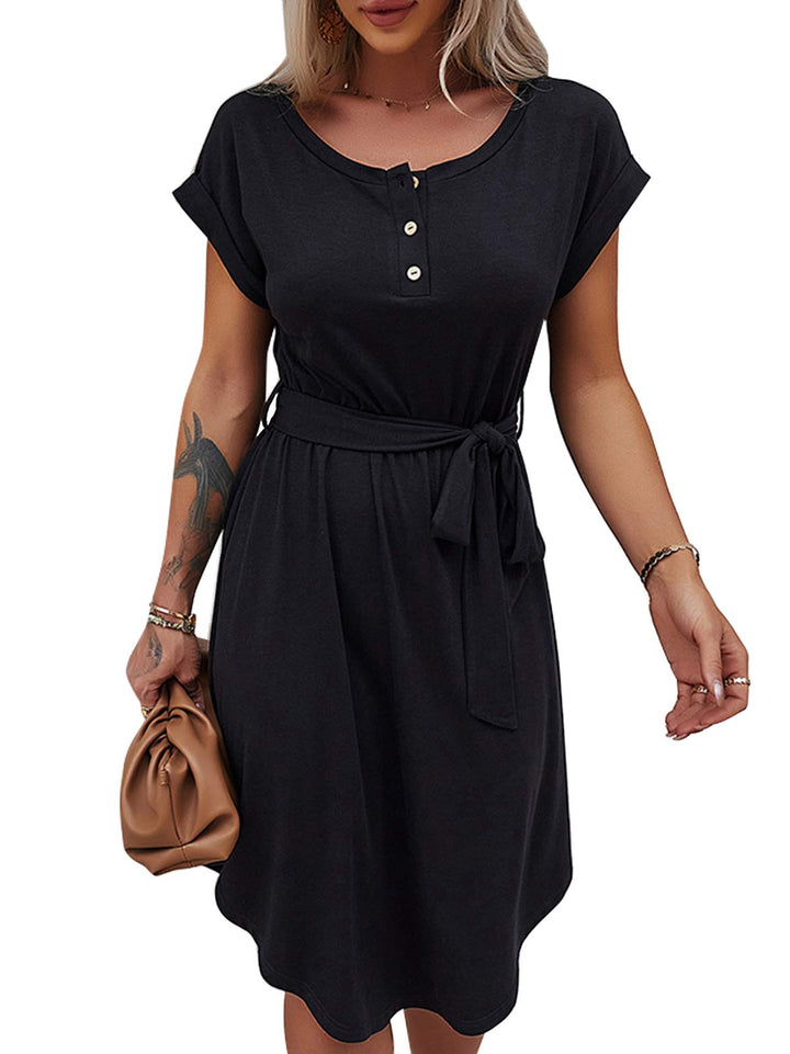 Bequemer Laden Damen Sommer Kleid Knopfleiste Kurzarm Midi Kleider Elegant Sommerkleid Businesskleid