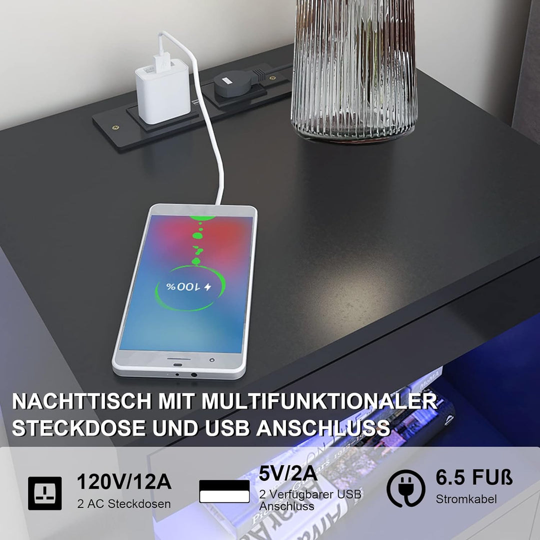 Lvhecforhm Nachttisch Schwarz, Nachttisch mit Steckdosen, Nachttische mit 2 Schublade und Offenen Fä