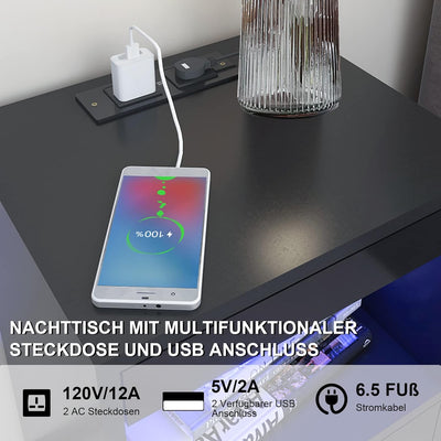 Lvhecforhm 2er Set Nachttisch, mit Steckdosen und USB-Anschlüsse, LED Licht 16Farben Beleuchtung, Sc