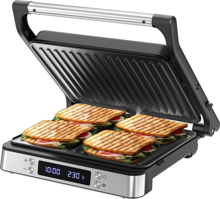 Olvy Sandwichmaker XXL, Digitaler Kontaktgrill mit Antihaftplatten, 3-in-1 Panini Maker, 180° offene
