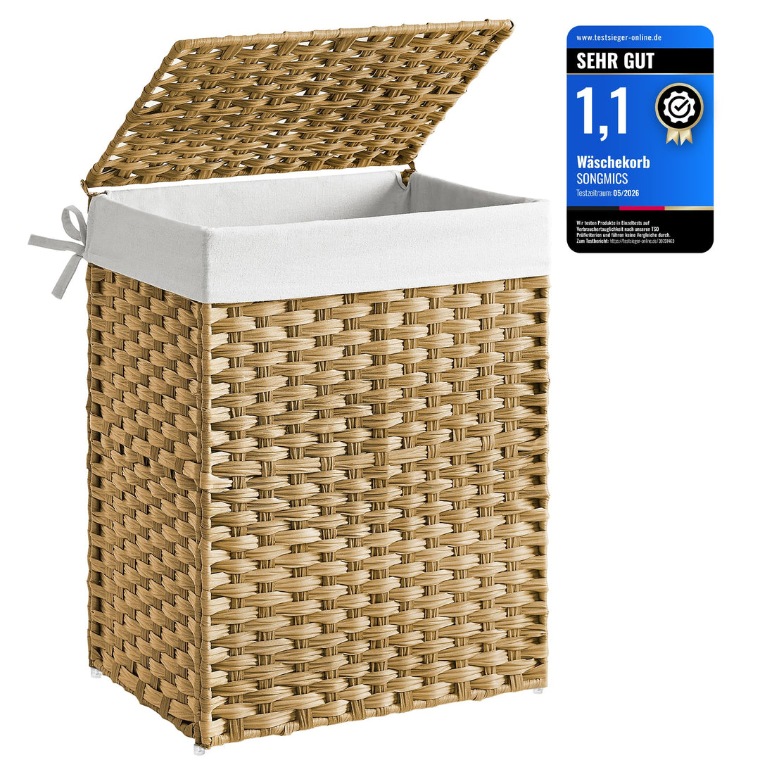 SONGMICS Wäschekorb 90 Liter, handgeflochten, Wäschesammler aus synthetischem Rattan, mit Deckel und