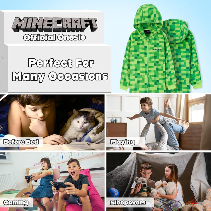 Minecraft Onesie Creeper Fleece Jumpsuit Sleepsuit Gamer Geschenk Schlafoverall mit Kapuze für Junge