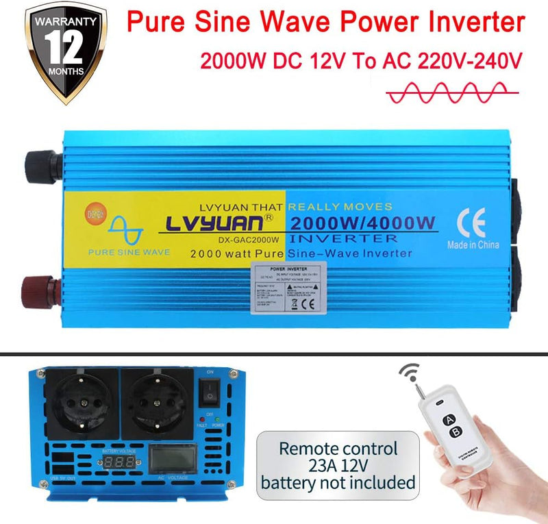 Cantonape Spannungswandler 12V auf 230V 2000W Reiner Sinus Wechselrichter Konverter mit Zwei AC-stec