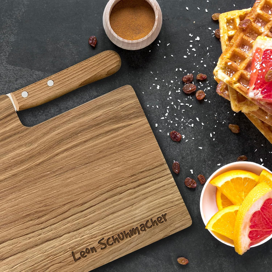 Personalisiertes Premium Frühstücksbrettchen mit Buckelsmesser, Wunsch-Name und Text graviert – Gesc