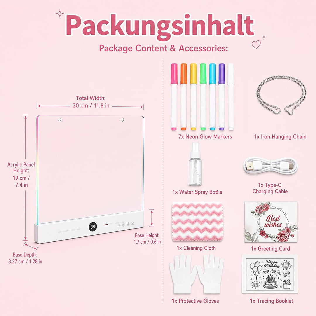 LED Zeichenbrett Maltafel Kinder mit 7 Farben 3 Beleuchtungsmodi 30x20cm | LED Acryl Abwischbar, Not