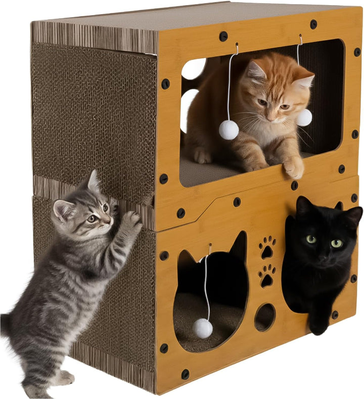 Purlov Katzen Kratzhaus 3-in-1 mit 2 Etagen – HDF & extra Feste Wellpappe, Kratzmöbel & Liegeplatz f