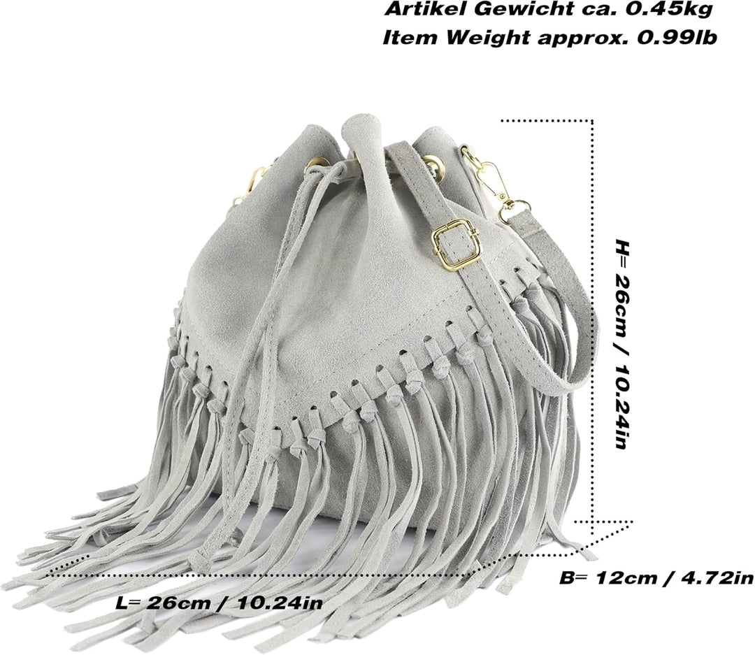 modamoda de - T239 - ital. Schultertasche Fransen Wildleder Blaugrau, Blaugrau