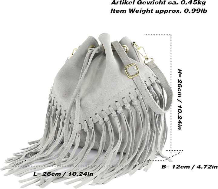 modamoda de - T239 - ital. Schultertasche Fransen Wildleder Blaugrau, Blaugrau