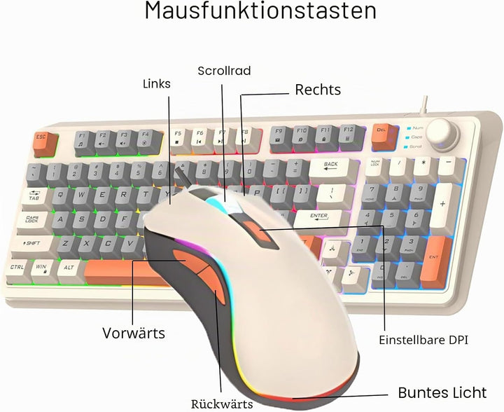 Kabelgebundene Tastatur und Maus Set mit 94 Tasten Lautstärkeregler Buntes Licht Ergonomische Mäuse