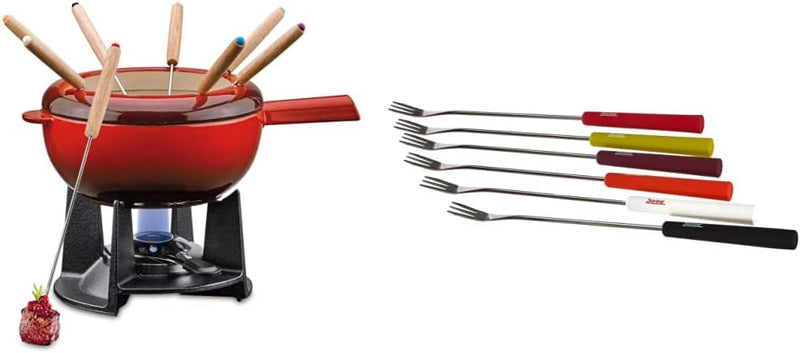 Spring Gusseisen Fondue Set rot | Ø 20 cm | mit 8 Fonduegabeln und Spritzschutz | Rechaud Brenner &