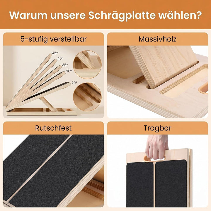 DULCE DOM Schrägbrett Holz Verstellbar, Professioneller Wadendehner mit Tragegriff, Klappbares Mobil