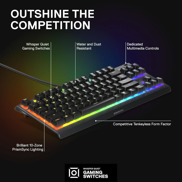 SteelSeries Apex 3 TKL RGB Gaming Tastatur - Tenkeyless Compact Formfaktor - 8-Zonen RGB Beleuchtung