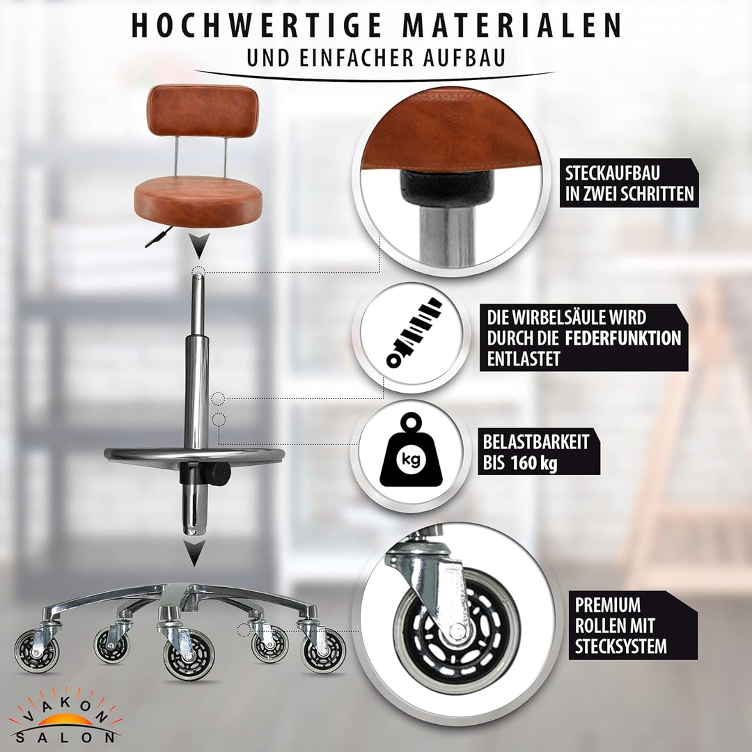 VAKON SALON - Premium Rollhocker in Hellbraun mit Lehne und Fussring - Höhenverstellbar 55-75 cm - R