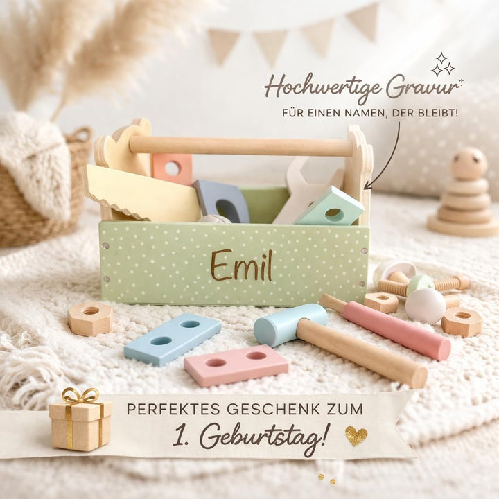 Personalisierter Werkzeugkasten aus Holz – Teddy-Design – Lernspielzeug mit Gravur – Perfekt zum 1.