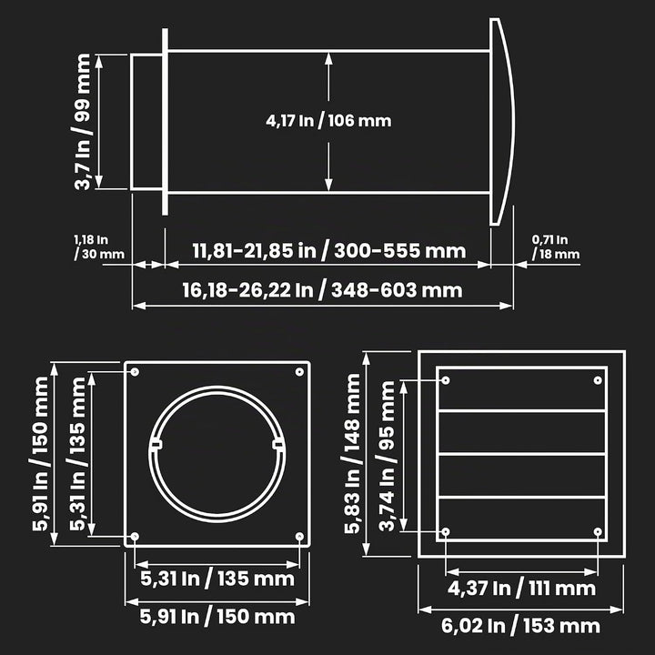 100 mm durchgängiges Belüftungsset – verstellbar – Lüfterhaube mit Rohr und Kanalverbinder – Kunstst