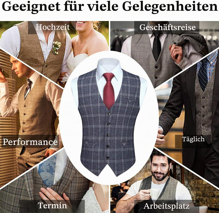 HISDERN Karierte Weste Herren Formale Klassische Weste Baumwolle Hochzeit Hahnentritt Anzugweste M A