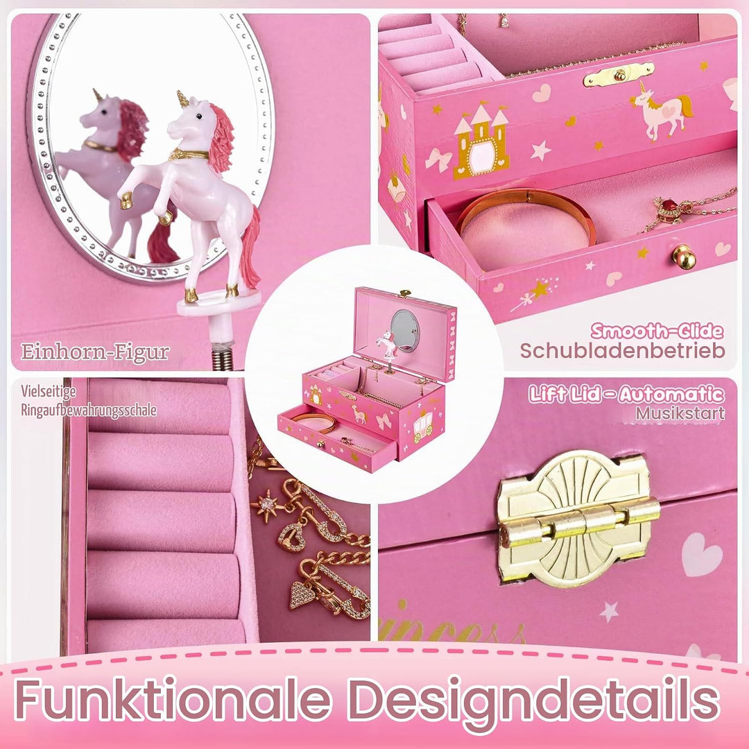 Einhorn Schmuckkästchen Kinder mit Spieluhr für Mädchen,Schmuckschatulle mit drehendem und Spiegel f