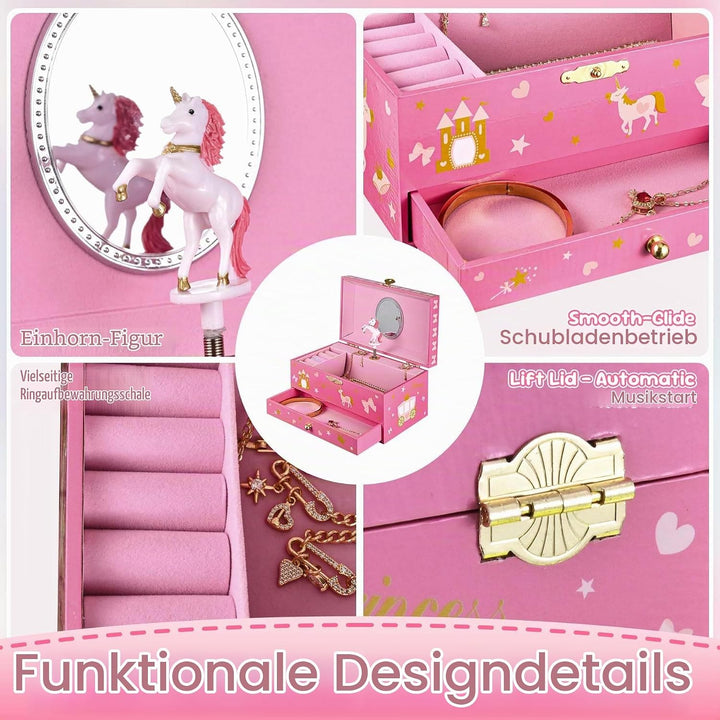 Einhorn Schmuckkästchen Kinder mit Spieluhr für Mädchen,Schmuckschatulle mit drehendem und Spiegel f