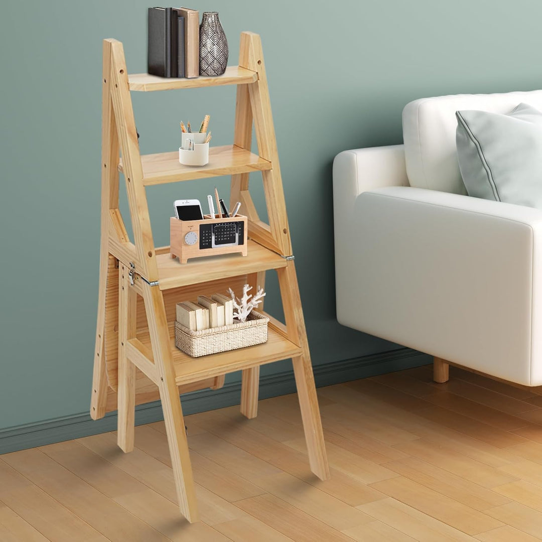 QIERF 4-Stufen Klappbarer Tritthocker 2-in-1 Holz Trittleiter und Stuhl Klappbar Holztrittleiter 100