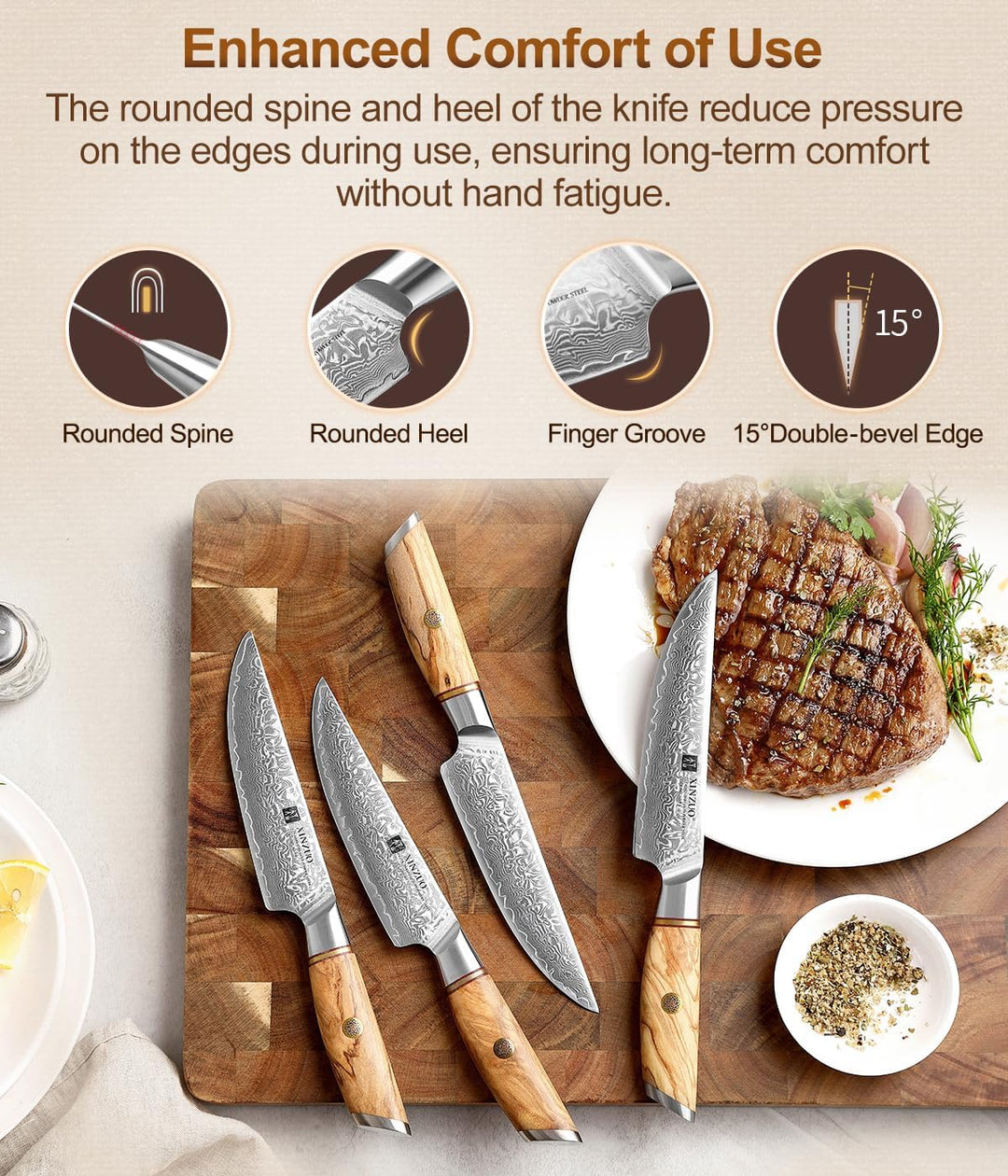 XINZUO Damaststahl Steakmesser Set 5er -73 Schichten Damastpulverstahl Steakbesteck mit Akazienholz