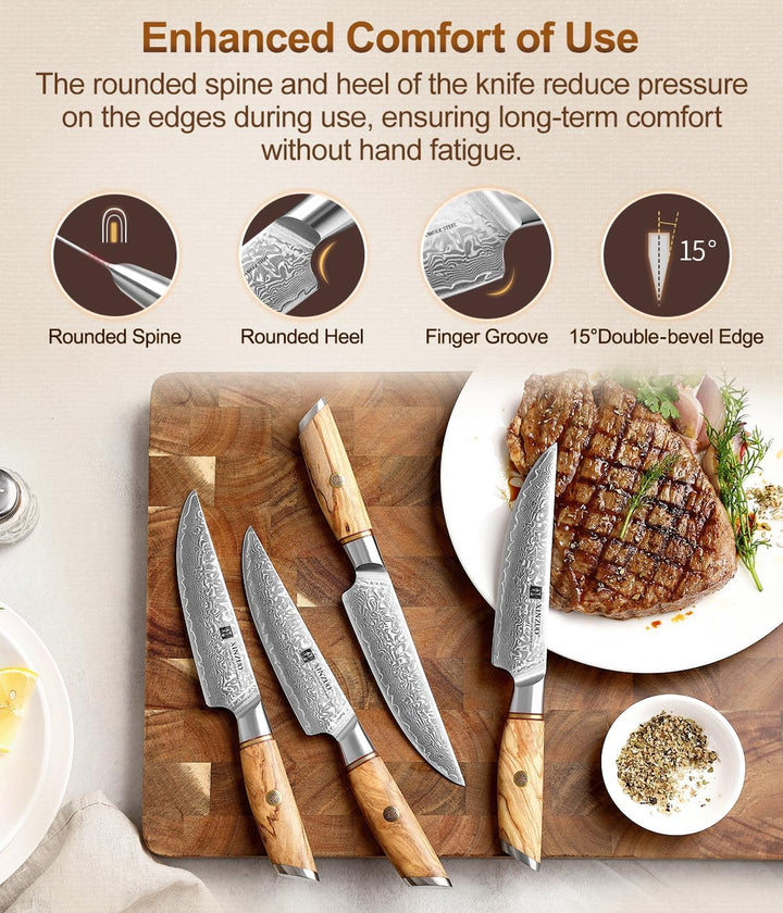 XINZUO Damaststahl Steakmesser Set 5er -73 Schichten Damastpulverstahl Steakbesteck mit Akazienholz
