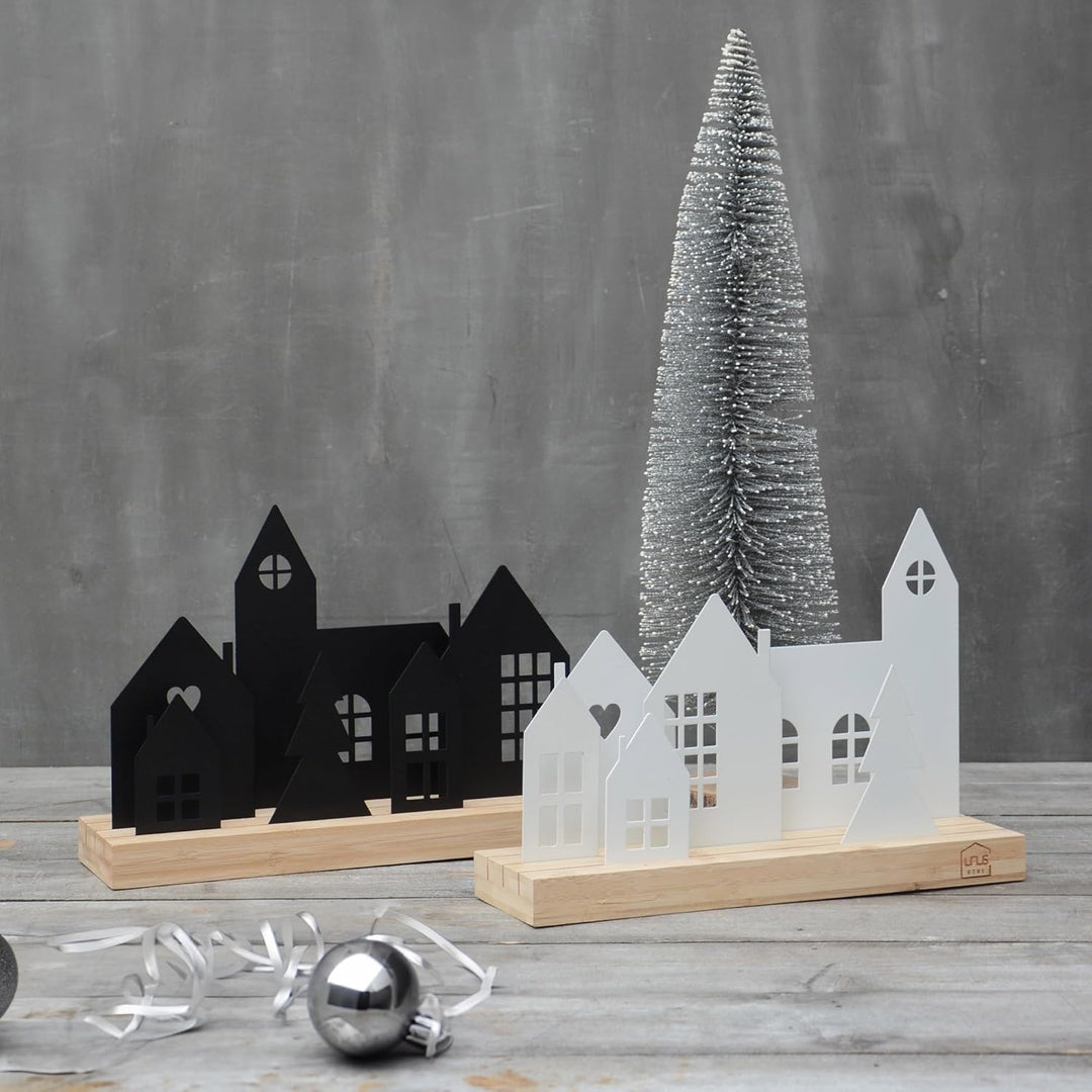 UNUS Stadt-Aufsteller - Deko-Häuser aus Holz und Metall mit Kirche und Baum - Schwarz Schwarz 4 Häus