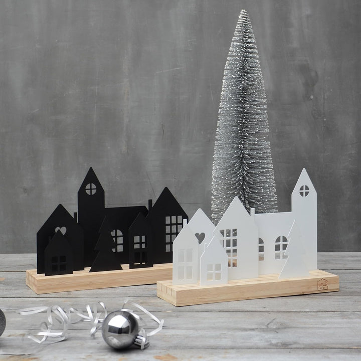 UNUS Häuser-Aufsteller Stadt Holz Metall Deko-Häuser 4 Häuser weiss 30 cm Weiss 4 Häuser, Kirche und