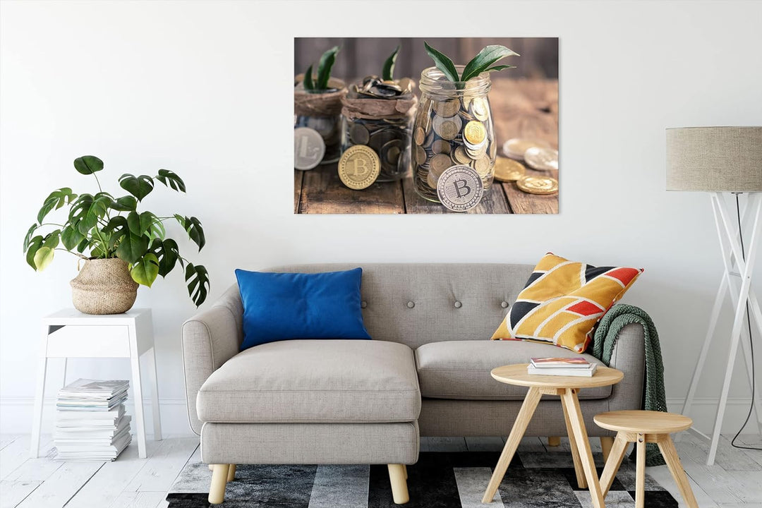 Pixxprint Bitcoins BTC im Glas als Leinwandbild | Grösse: 120x80 cm | Wandbild | Kunstdruck | fertig