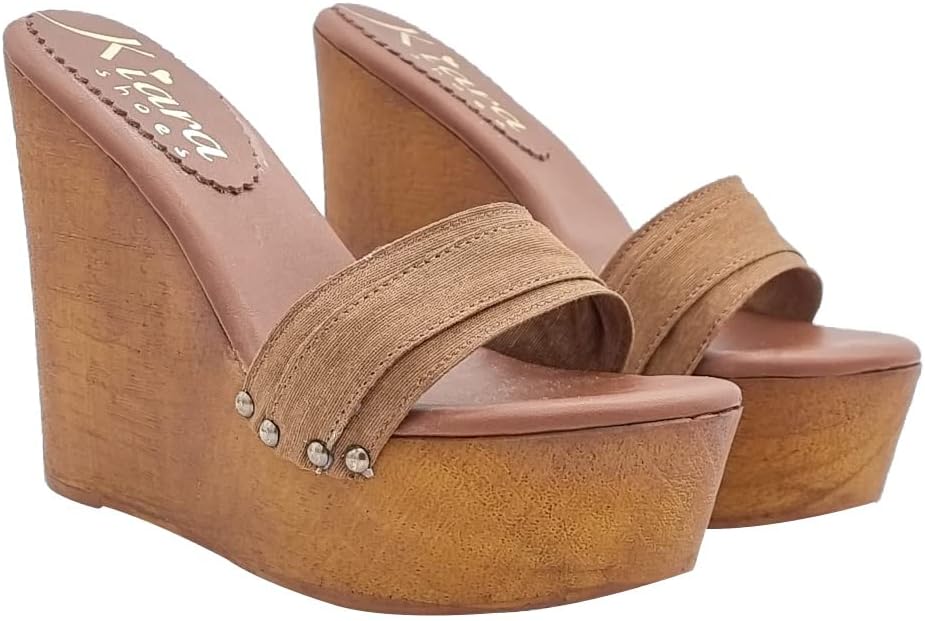 Damen Clogs mit 13 cm Keilabsatz Doppelband Braun - KZ3101 MARRONE (35 EU, BRAUN) 35 EU Braun, 35 EU