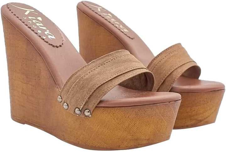 Damen Clogs mit 13 cm Keilabsatz Doppelband Braun - KZ3101 MARRONE (35 EU, BRAUN) 35 EU Braun, 35 EU